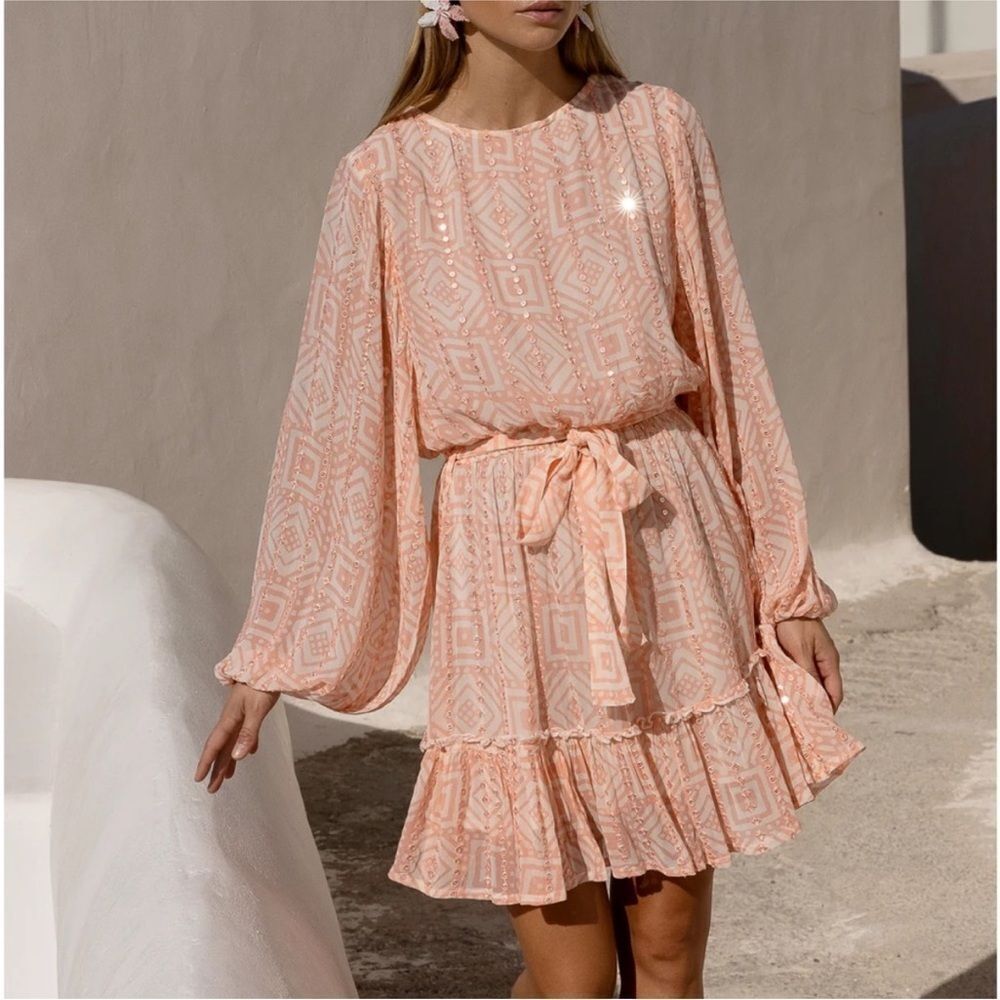 NWT Oliphant Long Sleeve Flirty Short Mini Dress In Bali Pink Women's Size XL